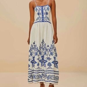 Farm Rio Shell Garden Linen blend Midi Dress White Blue Sz XL Beaded Lined New